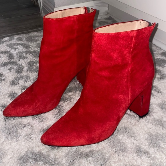 Red suede booties 3.5-4” heel - Picture 1 of 7
